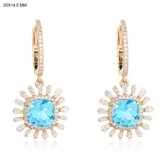 Blue Topaz Diamond 14K (or 18k upon request) Yellow Gold Starburst Drop Earrings